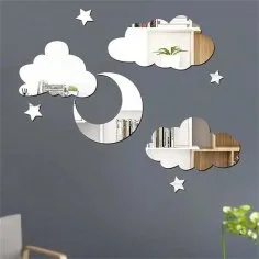 Lazer Kesim Duvar Stickerları Ay Yıldız ve Bulut Aynalı Akrilik