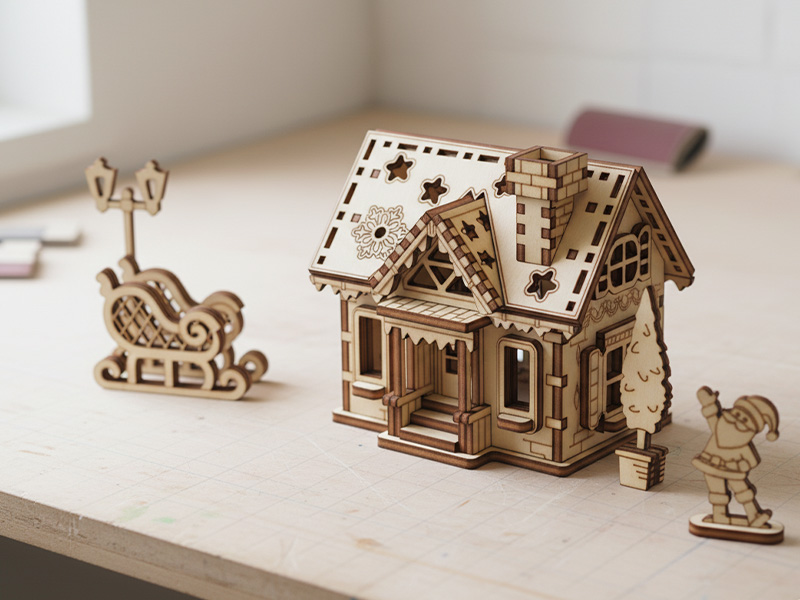 Noel Dekorasyonu için Lazer Kesim Noel Baba Evi 3D Oyuncak Modeli