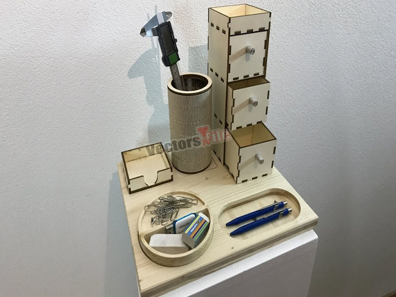 Çekmeceli ve Kalemlikli Lazer Kesim Ofis Kırtasiye Masa Düzenleyici
