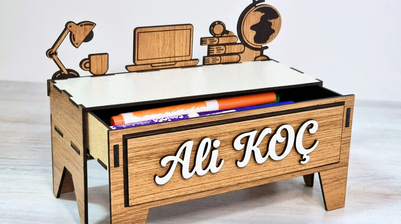 Çekmeceli Öğretmen Masası Kalemlik DXF Lazer Kesim