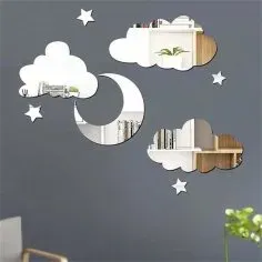 Lazer Kesim Duvar Stickerları Ay Yıldız ve Bulut Aynalı Akrilik