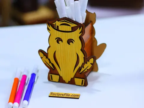 Lazer Kesim Baykuş 3D Kalem ve Kurşun Kalemlik Şablonu