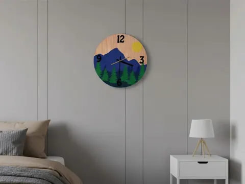 Lazer Kesim Ahşap Gün Batımı ve Ağaç Dağ Manzarası Duvar Saati Tasarımı