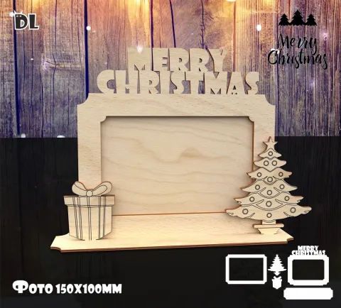 Ahşap Merry Christmas Fotoğraf Çerçevesi, Oyulmuş Ağaç ve Hediye Kutusu ile